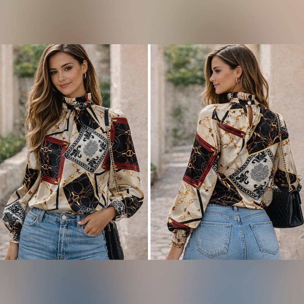 Boutique Scarf Print Blouse High Neck Satin Equestrian Chain Print Top ♥️🖤💛